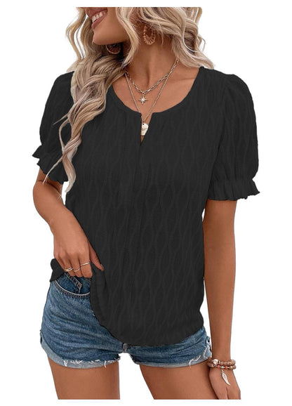 T-shirt col en V pour femme, manches bouffantes, jacquard.