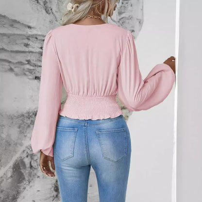 Haut féminin à manches longues, col en V, couleur unie, plissé