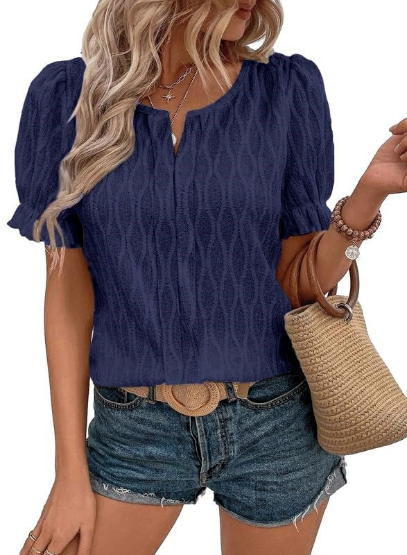 T-shirt col en V pour femme, manches bouffantes, jacquard.